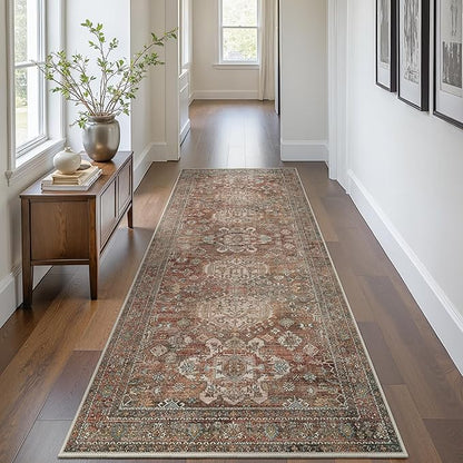 Bavni Washable Runners for Hallways 2X10, Ultra-Thin Non Slip Long Runner Rug, Print Vintage Aesthetic Carpet Runner, Low Pile Rugs for Kitchen Porch Bedroom, Brick