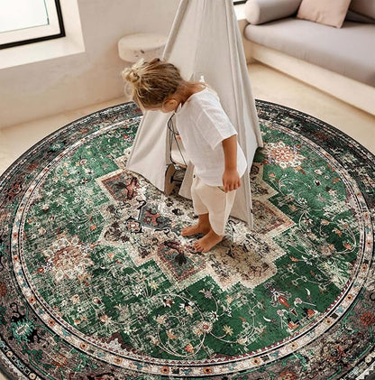 Round Rug 6ft for Bedroom, Green Washable Circle Rug Non-Slip Boho Area Rug 6' Round Carpet for Dining Room Kitchen Dorm Bathroom Low Pile Soft