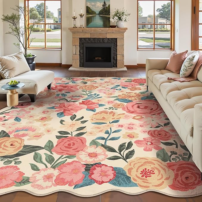 Washable Floral Area Rug 8x10 Beige Living Room Large Carpet Bedroom Scalloped Flower Non Slip Soft Throw Rug Farmhouse Low Pile Thin Indoor Floor Cover for Dining Room Office