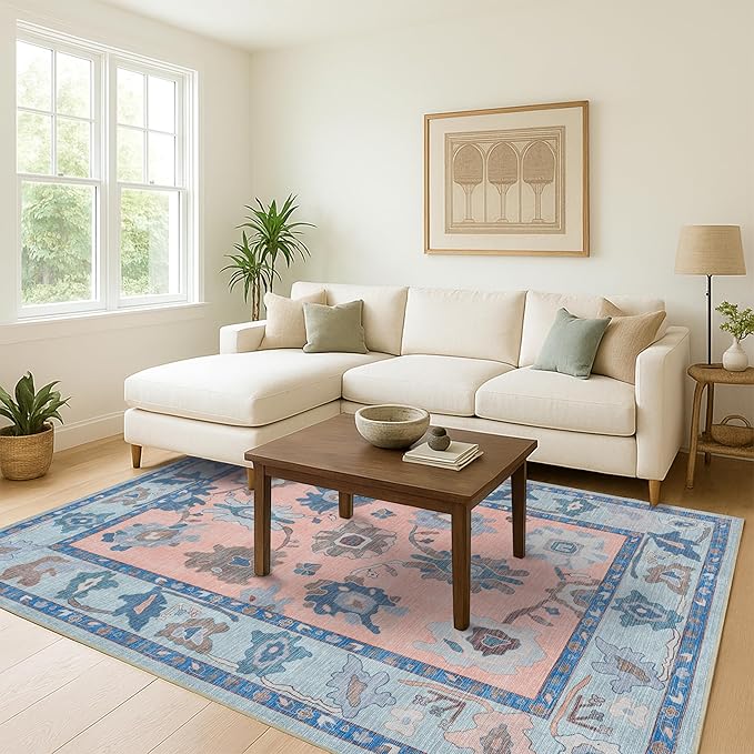 Fame Living Modern Oushak Rug, Rugs, Vintage, Turkish, Eclectic, Floral, Pastel, Washable, Small Throw, Accent Area Rug for Living Room, Bedroom, Kitchen, Bathroom, 2'5"x4'9"
