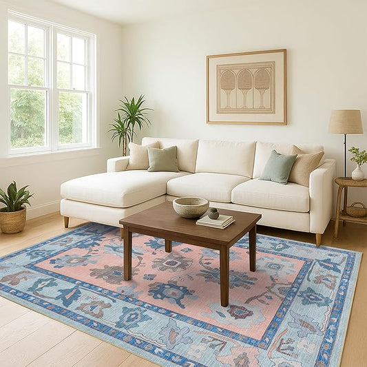 Fame Living Modern Oushak Rug, Vintage, Turkish, Eclectic, Floral, Pastel, Washable, Extra Large Area Rugs for Living Room, Dining, Bedroom, Lounge, 9'x12'