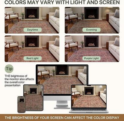 9x12 Area Rug Machine Washable Boho Rug for Living Room,Ultra-Thin Low Pile Carpet,Lightweight Indoor Printed Rug,Non Slip Floral Area Rug for Bedroom, Dining Room, Home Office,Terracotta/Indigo