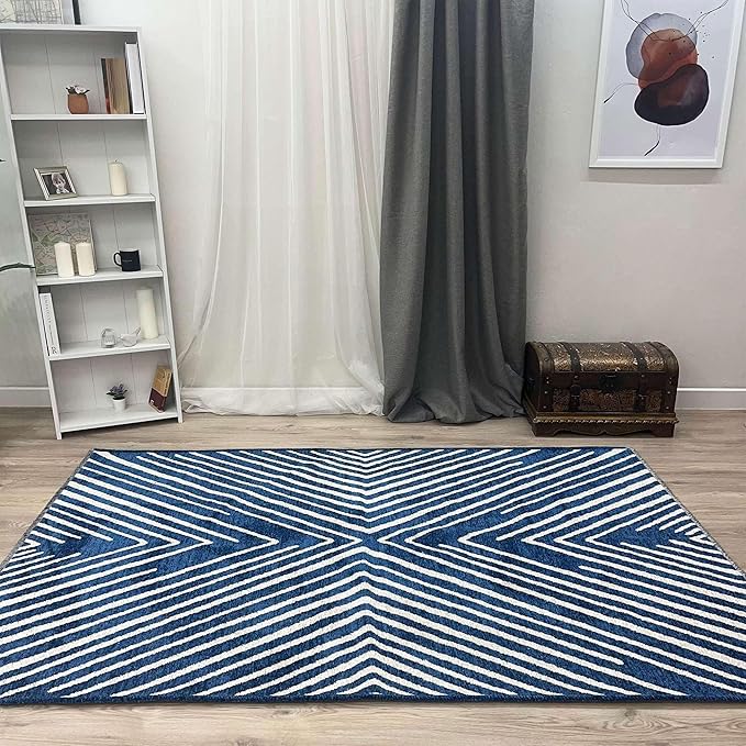 Alfa Rich 5x8 Geometric Navy Blue Off White Washable Area Rugs for Living Room Bedroom Cotton Rug