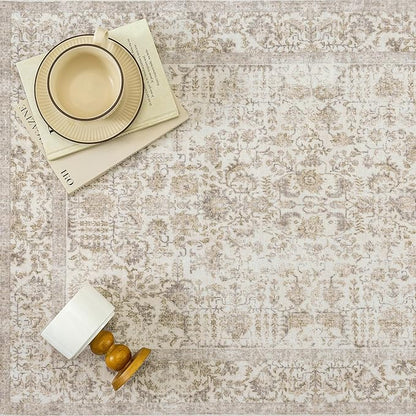 Light Brown Area Rug 3x5 Office Entryway Rug Machine Washable Kitchen Vintage Distressed Non Slip Carpet Indoor Retro Floral Accent Throw Door Mat for Bathroom Bedroom Dining Living Room