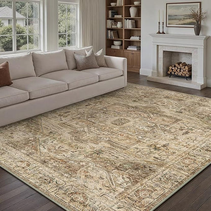 Brown Multi Area Rug 9x12 Vintage Washable Distressed Living Room Carpet Large Indoor Non Slip Traditional Medallion Retro Low Pile Accent Throw Rug Bedroom Kitchen Office Dining Room