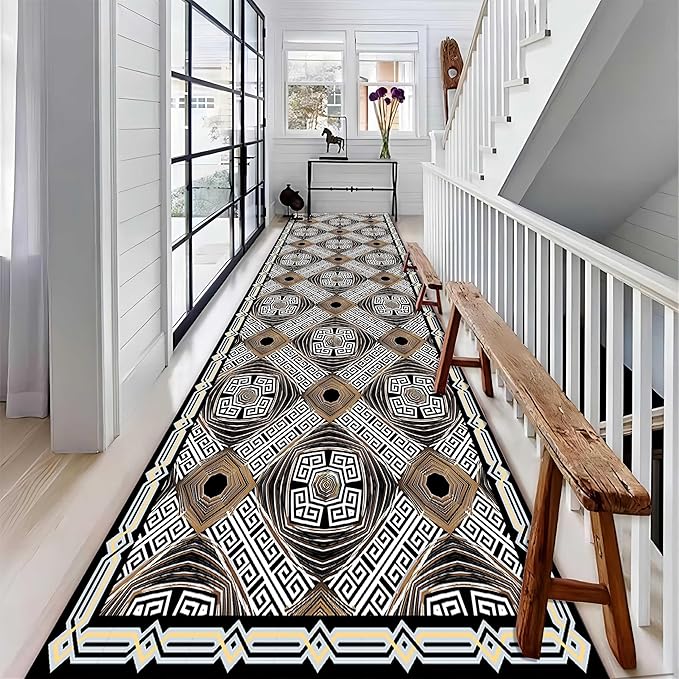 Abstract Black White Geometric Runner Rug, 3.3x7ft, Luxury Greek Key Rugs for Home Decorative, Greek Spiral Texture Home Decor Non Slip Rugs, Washable Soft Reduce Noise Mat for Bedroom