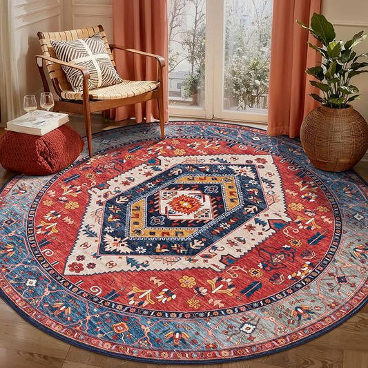 SERISSA Boho Round Area Rug, 5ft Washable Non-Slip Circle Rug, Ultra Soft Oriental Vintage Rust Low-Pile Circular Carpet for Bedroom Entryway Kids Room Office College Dorm Living Room