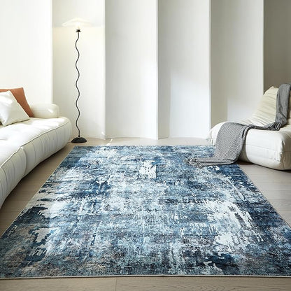Rugcomf Area Rug 5x7 Washable Rug Boho Soft Abstract Pattern Non-Slip Non-Shedding Faux Wool Vintage for Living Room, Bedroom, Farmhouse, Dining Room, Indoor, Kids Playroom, Blue