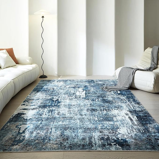 Rugcomf Area Rug 5x7 Washable Rug Boho Soft Abstract Pattern Non-Slip Non-Shedding Faux Wool Vintage for Living Room, Bedroom, Farmhouse, Dining Room, Indoor, Kids Playroom, Blue