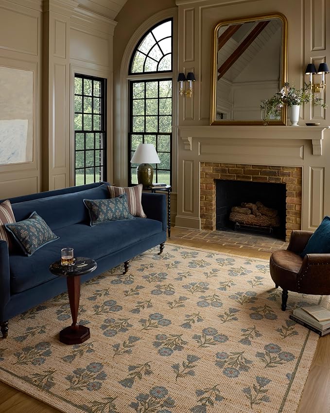 Loloi Chris Loves Julia Rue Collection RUE-04 Moss/Blue 5'-0" x 7'-6" Area Rug Jute Neutral Floral Living Room Bedroom Rug