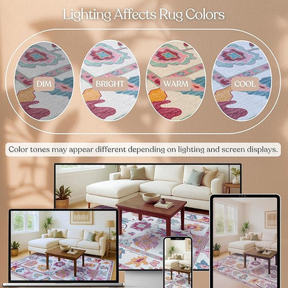 Fame Living Pink Oushak Rug, Modern, Vintage, Turkish, Eclectic, Floral, Pastel, Washable, Extra Large Area Rugs for Living Room, Dining, Bedroom, Lounge, 9'x12'