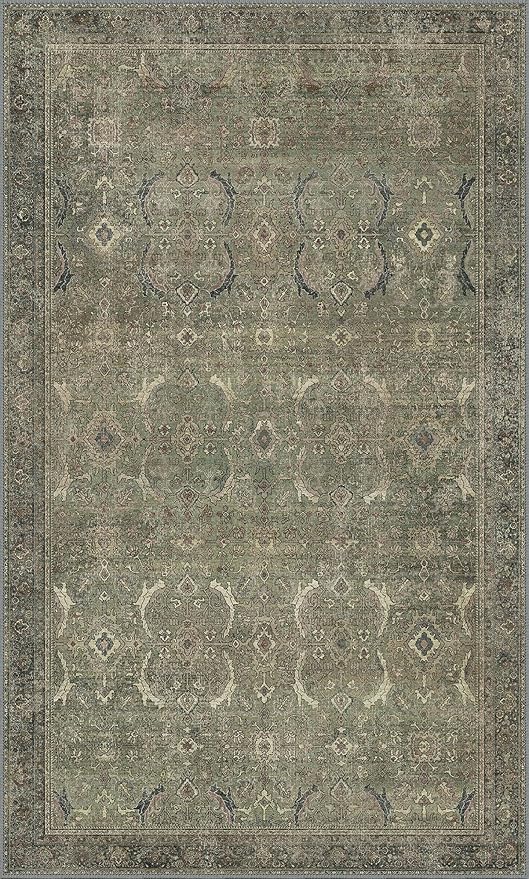 3x5 Area Rug Machine Washable Boho Rug for Living Room,Ultra-Thin Low Pile Carpet,Lightweight Indoor Printed Rug,Non Slip Floral Area Rug for Bedroom, Dining Room, Home Office,Muted Green