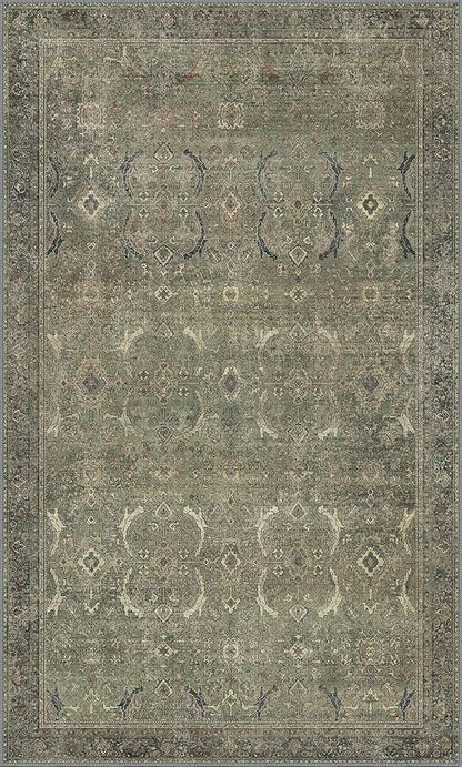 3x5 Area Rug Machine Washable Boho Rug for Living Room,Ultra-Thin Low Pile Carpet,Lightweight Indoor Printed Rug,Non Slip Floral Area Rug for Bedroom, Dining Room, Home Office,Muted Green