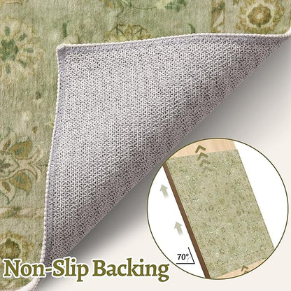 Tangsoo 5x7 Area Rug Washable Rugs for Living Room, Floral Vintage Indoor Non Slip Large Area Rugs, Print Distressed Green Carpet, Soft Low Pile Foldable Floor Rug for Bedroom Dining Room Dorm