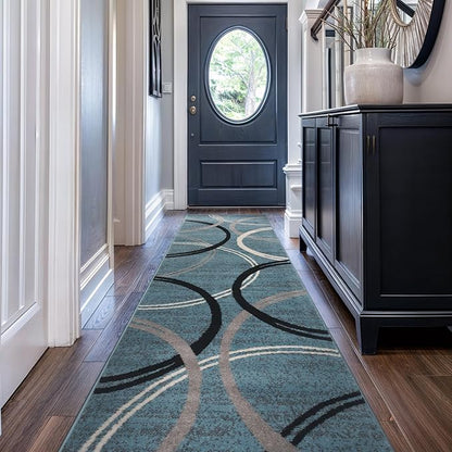 Rugshop Modern Wavy Circles Design Runner Rug, Carpet with Jute Backing for Hallway, Entryway, or Laundry Room, Blue, 2'7" x 6'