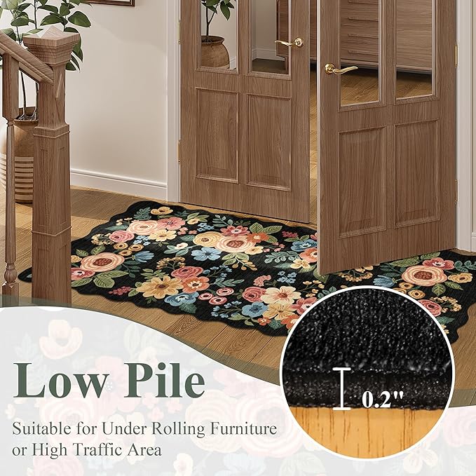 DUKINO 8x10 Area Rug, Floral Washable Rugs for Living Room with Non Slip Backing & Non-Shedding, Lightwight Low Pile Boho Design Large Carpets for Bedroom, Living Room, Dining Room, Black