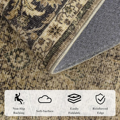 Washable Area Rug 6x9 Brown Rugs for Living Room, Vintage Boho Large Rug for Bedroom Dining Room Office, Distressed Floral Print Carpet for Under Table, Soft Non Slip Low Pile Throw Carpet Indoor Mat