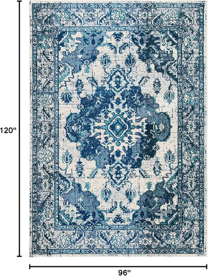 SAFAVIEH Monaco Collection Area Rug - 8' x 10', Ivory & Blue, Boho Chic Medallion Distressed Design, Non-Shedding & Easy Care, Ideal for High Traffic Areas in Living Room, Bedroom (MNC243A)