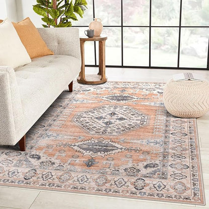 vivorug 3x5 Rug, Small Area Rug for Living Room, Bedroom, Kitchen, Machine Washable Non-Slip Throw Rug, Vintage Distressed Carpet for Entryway Nursery Dinner Room, Orange