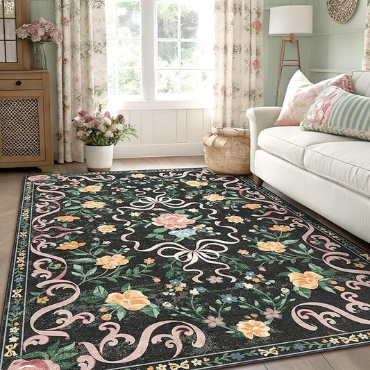 Black Rug Bow Floral Rug 3x5, Washable Boho Area Rugs Non Slip Low Pile Carpet for Girls Room Bedroom, Bedside, Kitchen, Entryway, Kids Room, Soft Ultra-Thin Indoor Elegant Rugs