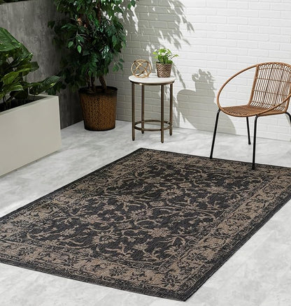 FH Home Outdoor Rug - Waterproof Easy to Clean Stain Resistant - Patio Indoor Outdoor Porch Deck Balcony Entryway - Vintage Distressed - Antalya - Gray - 5ft 2in x 7ft 6in