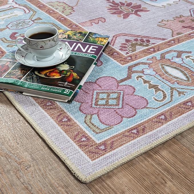 Fame Living Pink Oushak Rug, Modern, Vintage, Turkish, Eclectic, Floral, Pastel, Washable, Oversized, Extra Large Area Rugs for Living Room, Dining, Bedroom, Lounge 9'5"x14'