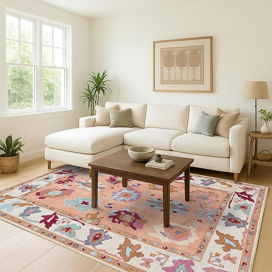 Fame Living Orange Oushak Rug, Modern, Vintage, Turkish, Eclectic, Floral, Pastel, Washable, Oversized, Extra Large Area Rugs for Living Room, Dining, Bedroom, Lounge 9'5"x14'