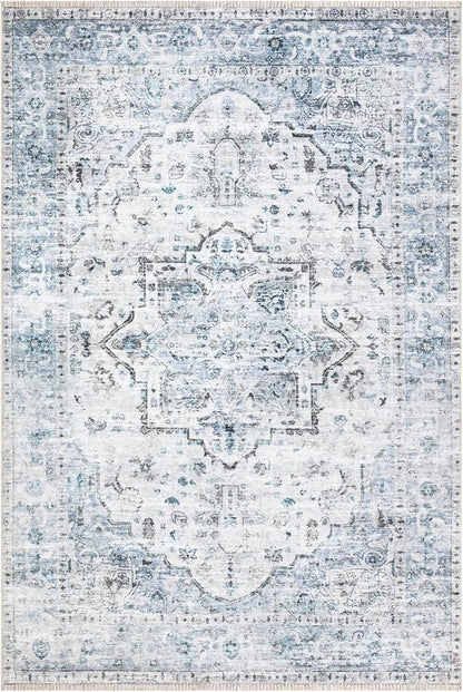 Bloom Rugs Caria Washable Non-Slip 9x12 Rug - Ivory/Blue/Gray Traditional Area Rug for Living Room, Bedroom, Dining Room, and Kitchen - Exact Size: 9' x 12'