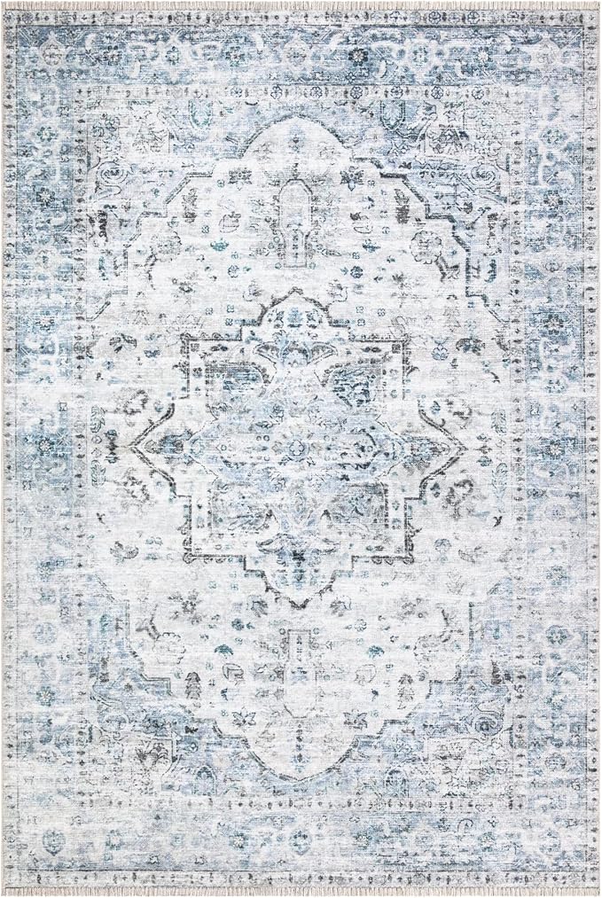 Bloom Rugs Caria Washable Non-Slip 4x6 Rug - Ivory/Blue/Gray Traditional Area Rug for Living Room, Bedroom, Dining Room, and Kitchen - Exact Size: 4' x 6'