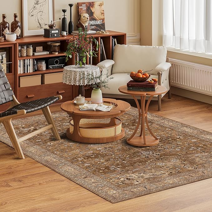 Washable Area Rug 4' x 6' Vintage Traditional Persian Mat - Foldable Distressed Non-Slip Machine Washable Carpet for Living Room Bedroom Kitchen Home Decor - Bronze and Ivory