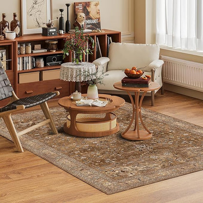 Washable Area Rug 4' x 6' Vintage Traditional Persian Mat - Foldable Distressed Non-Slip Machine Washable Carpet for Living Room Bedroom Kitchen Home Decor - Bronze and Ivory