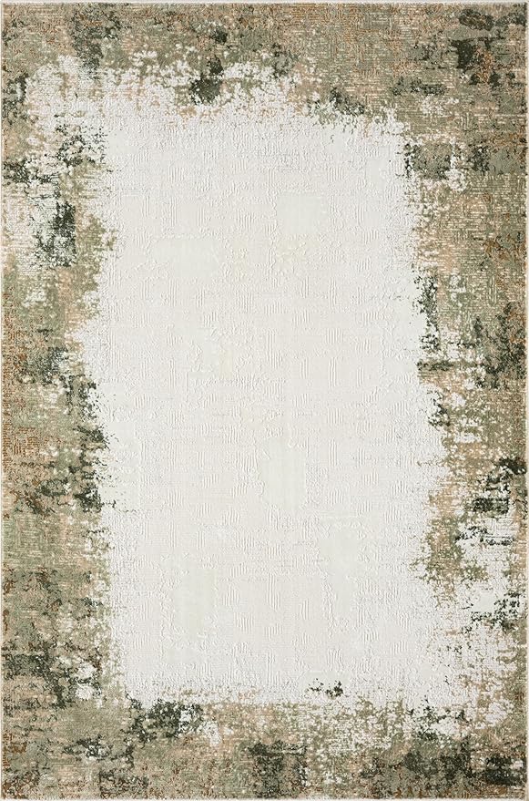 Abani Beige with Green Border Washable Area Rug – 6' x 9' – Classic Textured Design – Ivy Collection – Non-Shedding, Easy to Clean – Durable for High Traffic Areas – Living Room & Bedroom