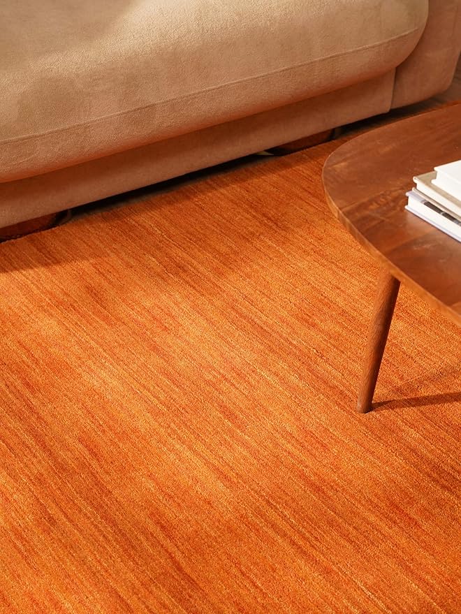 Rugsotic Carpets Hand Knotted Loom Wool ECO-Friendly Area Rugs - 3'x5', Rectangle, Orange Color, Solid Plain Design, High Pile Handmade Anti Skid Area Rugs for Living Room, Bed Room (L00111)