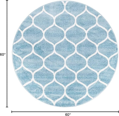Rugs.com Lattice Frieze Collection Rug – 5' Round Light Blue Medium Rug Perfect for Kitchens, Dining Rooms