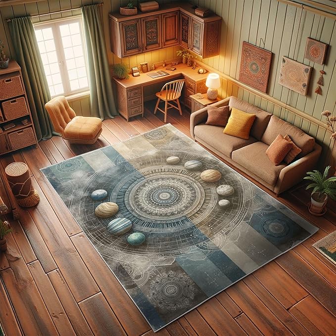Ambesonne Space Boho Decorative Rug, Modern Interpretation of Outer Galaxy Art Planets and Trippy Mandalas, Quality Carpet for Bedroom Dorm and Living Room, 2' 5" x 5', Sea Blue Eggshell Tan