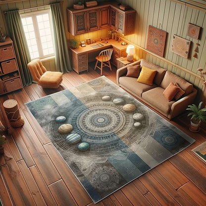Ambesonne Space Boho Decorative Rug, Modern Interpretation of Outer Galaxy Art Planets and Trippy Mandalas, Quality Carpet for Bedroom Dorm and Living Room, 2' 5" x 5', Sea Blue Eggshell Tan