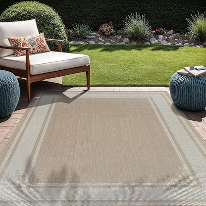 Beverly Rug Outdoor Rug 6x9 Modern Bordered Area Rugs for Indoor and Outdoor Patio Deck Porch Garden Waterproof Weather Sun Resistant Washable Outside Carpet (6 x 9 Beige)