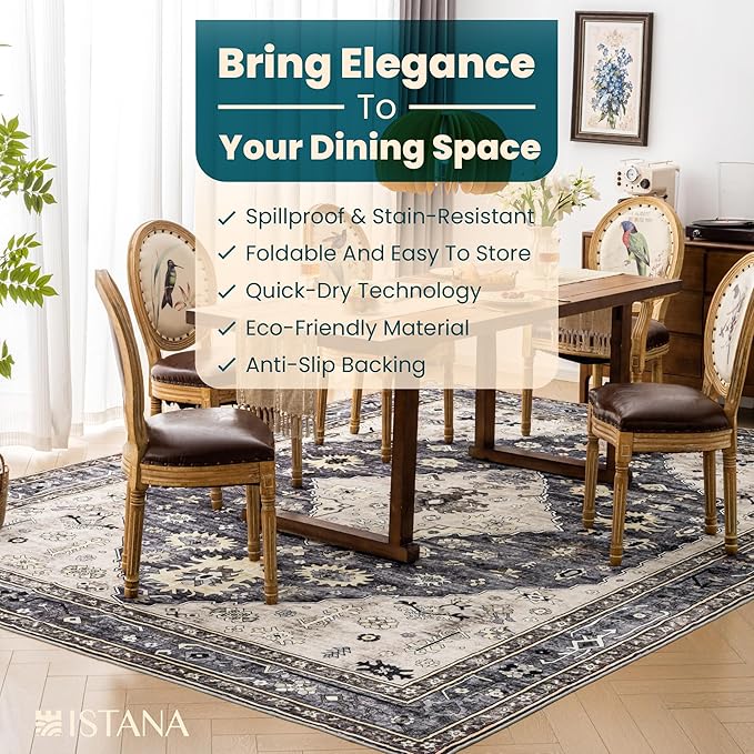 Istana Area Rugs 9x12 - Dark Grey Blue/Rose Mauve Rugs for Bedroom - Foldable Big Rugs for Bedroom - Stain Resistant Rug 9x12 Area Rug - 9X 12 Area Rugs - Washable Area Rug - Beige Rug