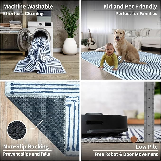 Bloom Rugs Washable Non-Slip 10x14 Rug - Blue/Ivory Striped Area Rug for Living Room, Bedroom, Dining Room, and Kitchen - Exact Size: 10' x 14'