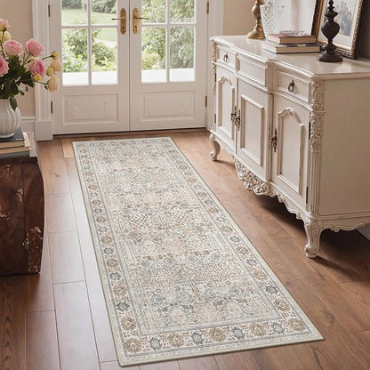 Bavni 2'6''x6 Rug Runners for Hallways, Washable Runner Rug Non Slip, Vintage Floral Print Style Rugs for Bedroom-Lightweight Low Pile Carpet for Hallways Bathroom, Beige Gery
