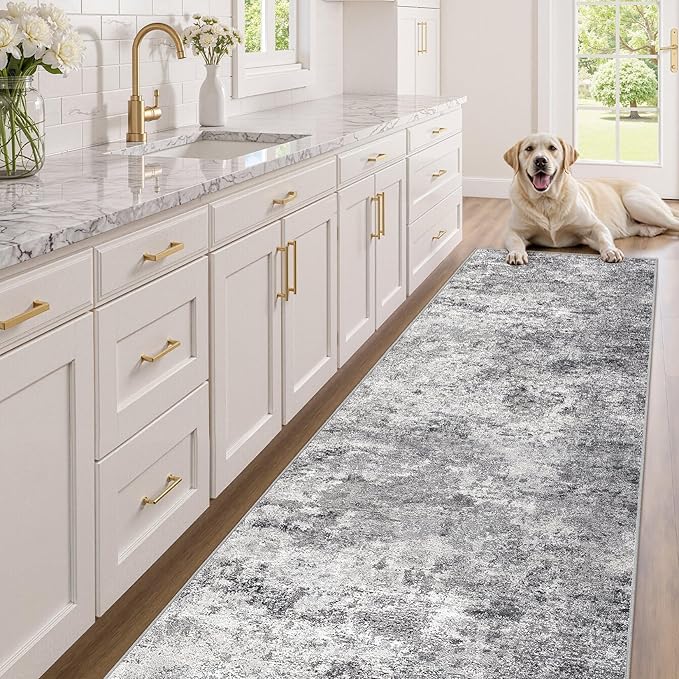 3X10 Washable Runner Rug for Hallway: Soft Neutral Modern Abstract Area Rug - Non-Slip Low Pile Long Throw Indoor Carpet for Kitchen Entryway Kitchen Bedroom Laundry - Grey