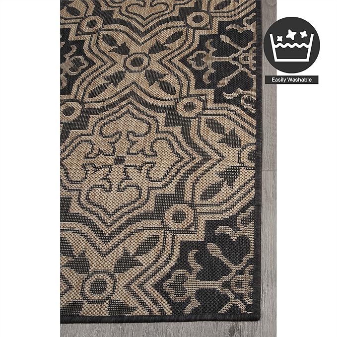 FH Home Flat Woven Outdoor Rug - Waterproof, Easy to Clean, Stain resistant - Premium Polypropylene Yarn - Mosaic Tile - Patio, Deck, Porch, Balcony, Laundry - Messina - Charcoal - 3ft 11 in x 5ft 6in