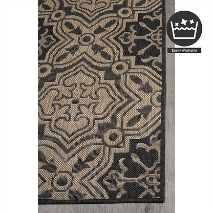 FH Home Flat Woven Outdoor Rug - Waterproof, Easy to Clean, Stain resistant - Premium Polypropylene Yarn - Mosaic Tile - Patio, Deck, Porch, Balcony, Laundry - Messina - Charcoal - 3ft 11 in x 5ft 6in