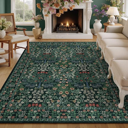 6x9 Area Rugs Living Room Rug - Floral Vintage Morris-Inspired Washable Carpet, Low Pile Non-Shedding Stain Resistance Boho Soft Carpet for Bedroom, Dining Room, Office, Farmhouse (6'x9' Dark Green)