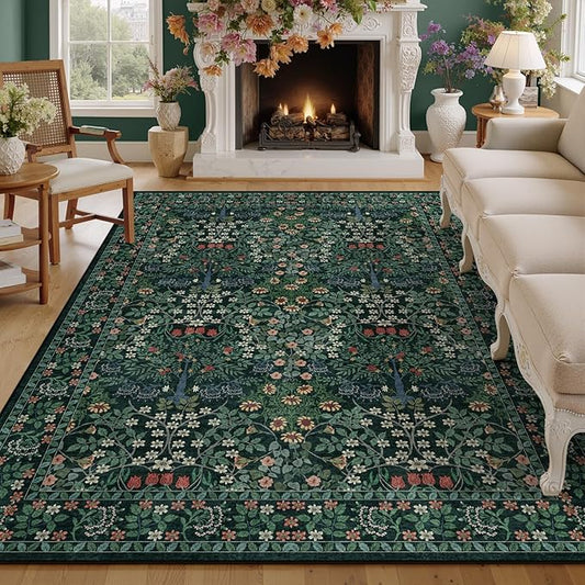 5x7 Area Rugs Living Room Rug - Floral Vintage Morris-Inspired Washable Carpet, Low Pile Non-Shedding Stain Resistance Boho Soft Carpet for Bedroom, Dining Room, Office, Farmhouse (5'x7' Dark Green)