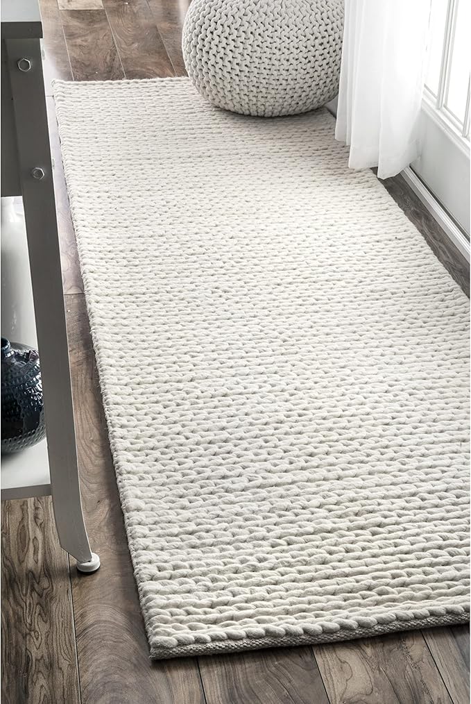 Nuloom Penelope Off-White/Ivory, 2'6" x 8', Hand-Braided, Wool & Cotton, Soft and Textured, High Traffic, Stain Resistant, Easy Clean, Durable Runner for Bedroom, Living Room, Dining, Entryway