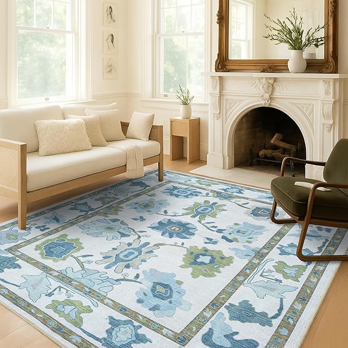 Fame Living Green Oushak Runner Rug, Modern Runners, Vintage, Turkish, Eclectic, Floral, Pastel, Washable, Long Runner Rugs for Hallway, Kitchen, Living Room, Bedroom, Kitchen, Bathroom, 2'5"x13'