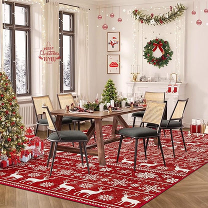 Christmas Rug 6x9 Washable Rugs, Boho Christmas Tree Snowflake Rug Non-Slip Soft Low Pile Non Shedding Indoor Holiday Decor Carpet for Living Room Bedroom Dining Room Home Office (Xmas Red, 6'x9')