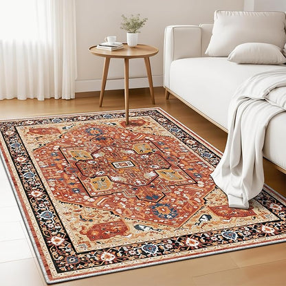 EnHomee 3x5 Washable Area Rugs for Bedroom, Boho Vintage Rugs, Foldable Area Rug for Dining Room, Non-Slip Soft Living Room Rug, Low Pile Large Carpet for Bathroom, Red