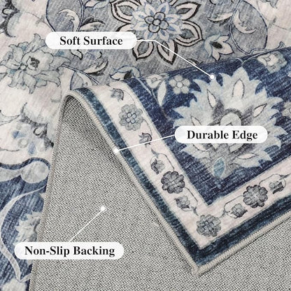 DUKINO 9x12 Area Rugs, Non Slip Distressed Living Room Rugs, Soft Large Washable Area Rugs with Low Pile & No Shedding, Faux Wool Rugs for Bedroom Aesthetic, Dining Room, Blue